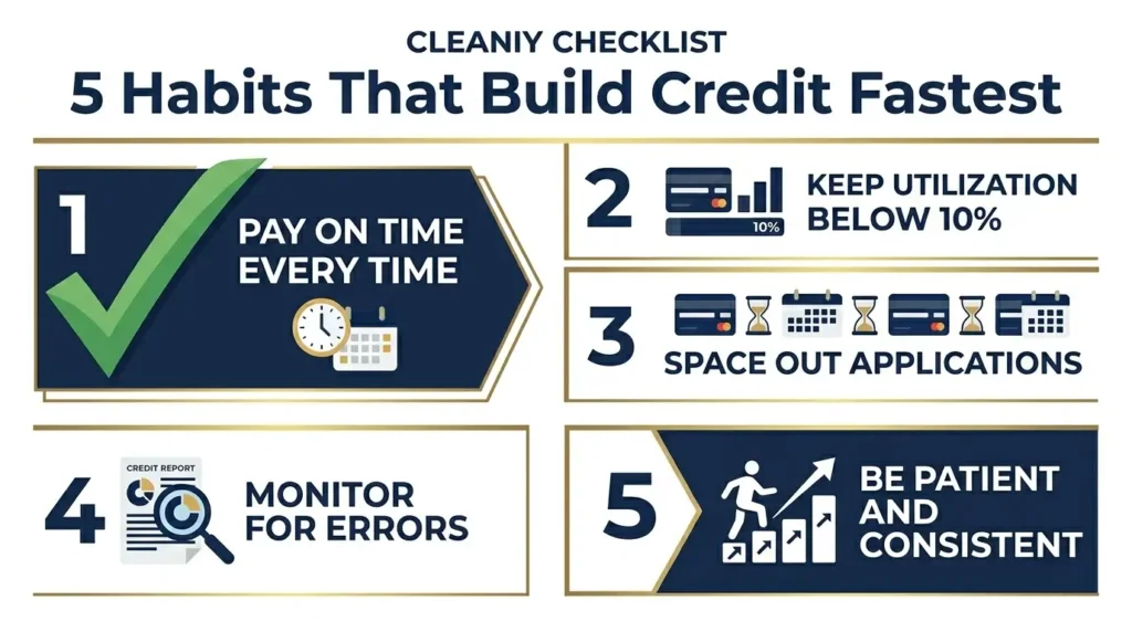 5 habits to build credit fast pay on time low utilization monitor errors checklist