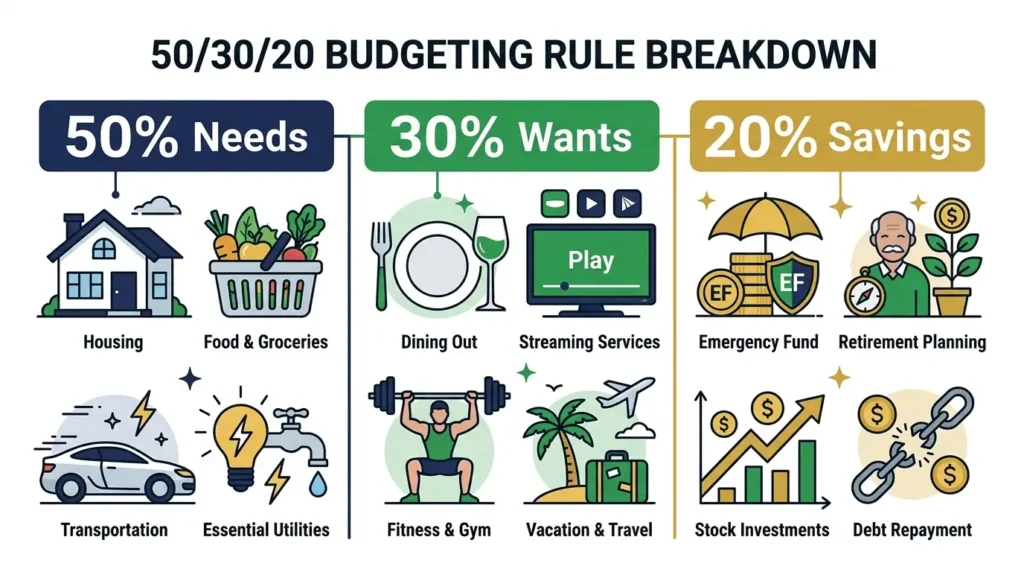 50 30 20 budget rule categories needs wants savings examples list