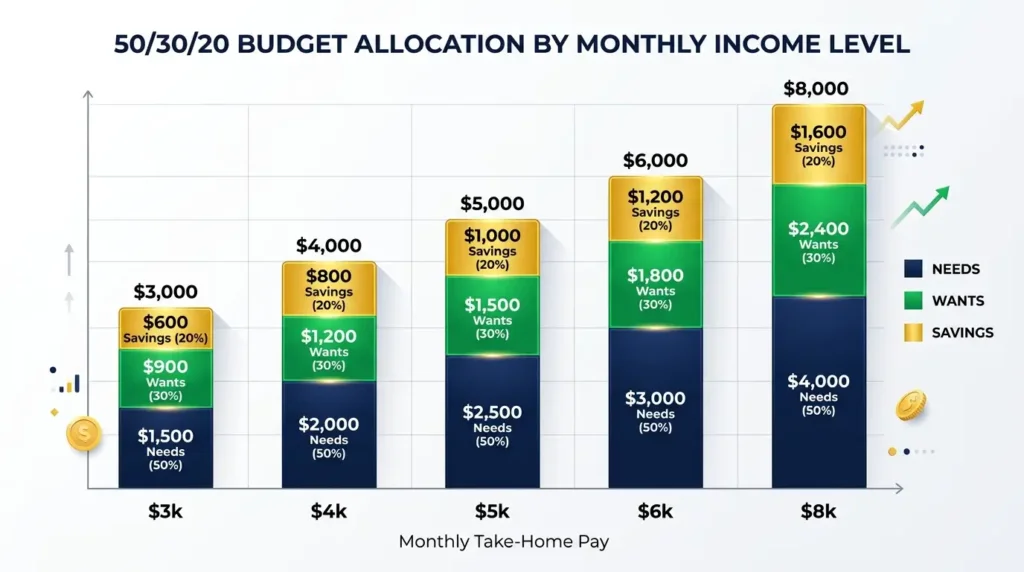 50 30 20 budget rule examples different income levels monthly take-home pay