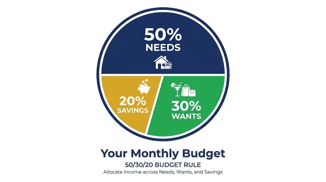 50 30 20 budget rule pie chart needs wants savings breakdown