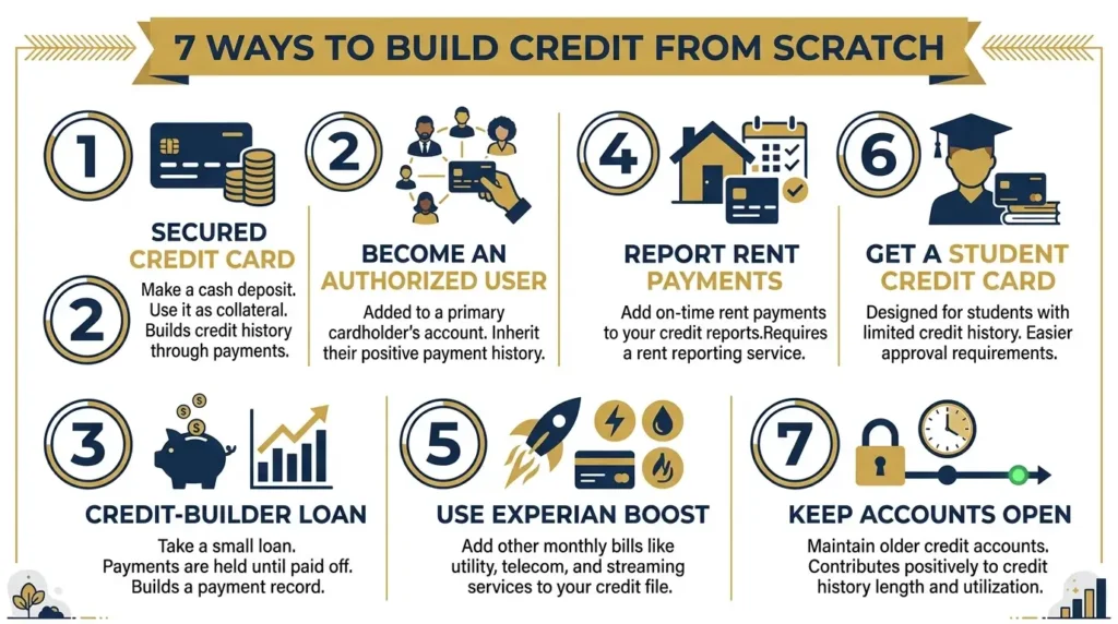 7 ways to build credit from scratch secured card authorized user credit builder loan rent reporting