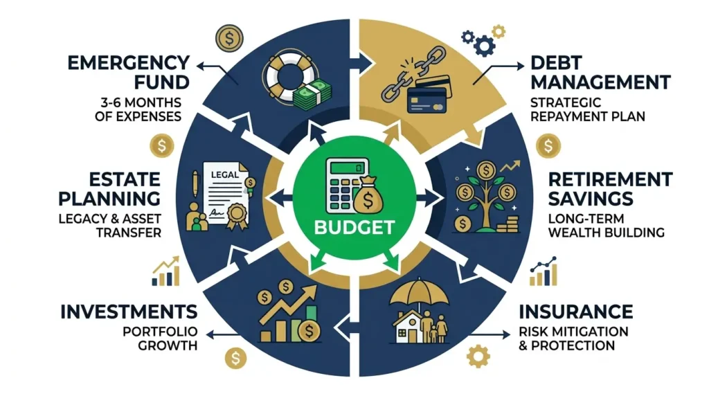 financial plan components diagram budget emergency fund debt retirement insurance investments estate planning