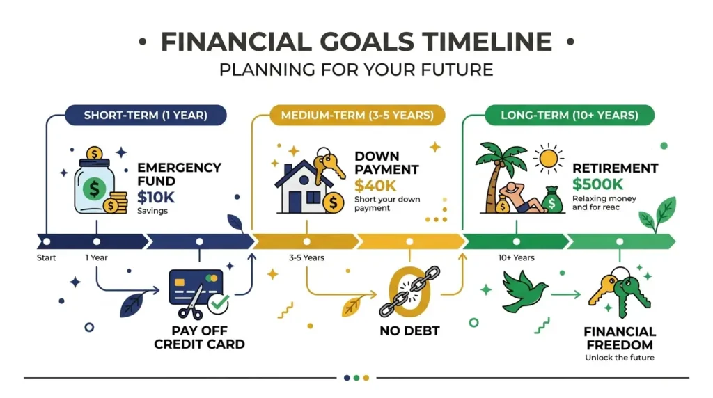 financial plan goals timeline short medium long term emergency fund debt retirement freedom infographic