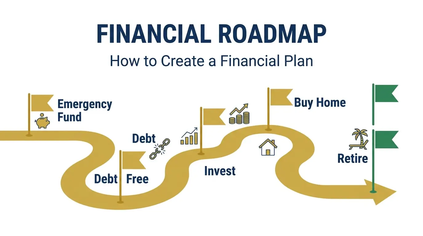 how to create a financial plan roadmap milestones emergency fund debt free invest home retire illustration