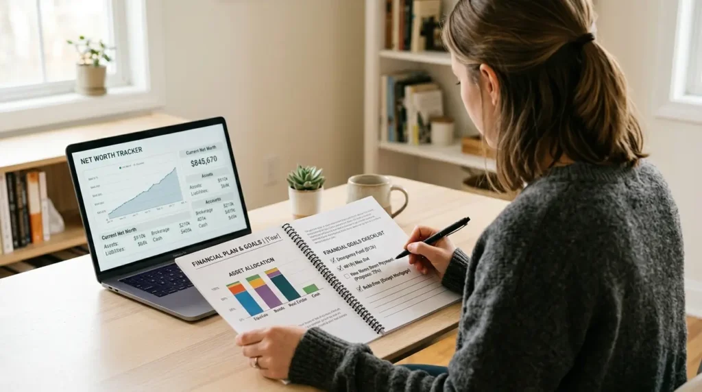 person reviewing financial plan documents charts goals checklist home office laptop 2026