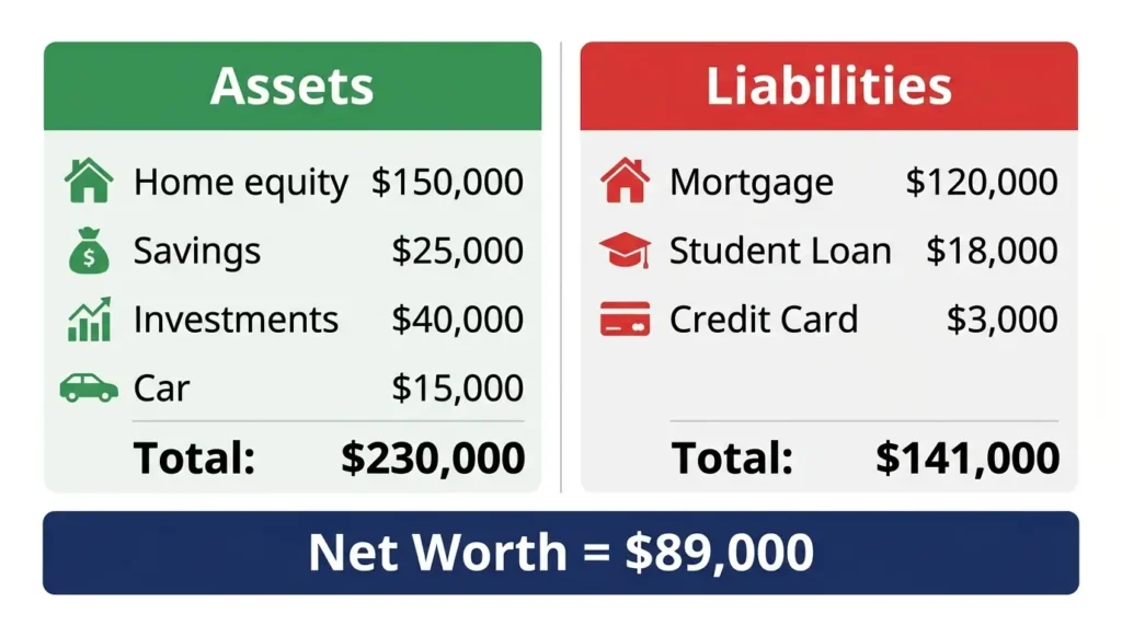assets vs liabilities net worth calculation example home savings investments mortgage debt infographic