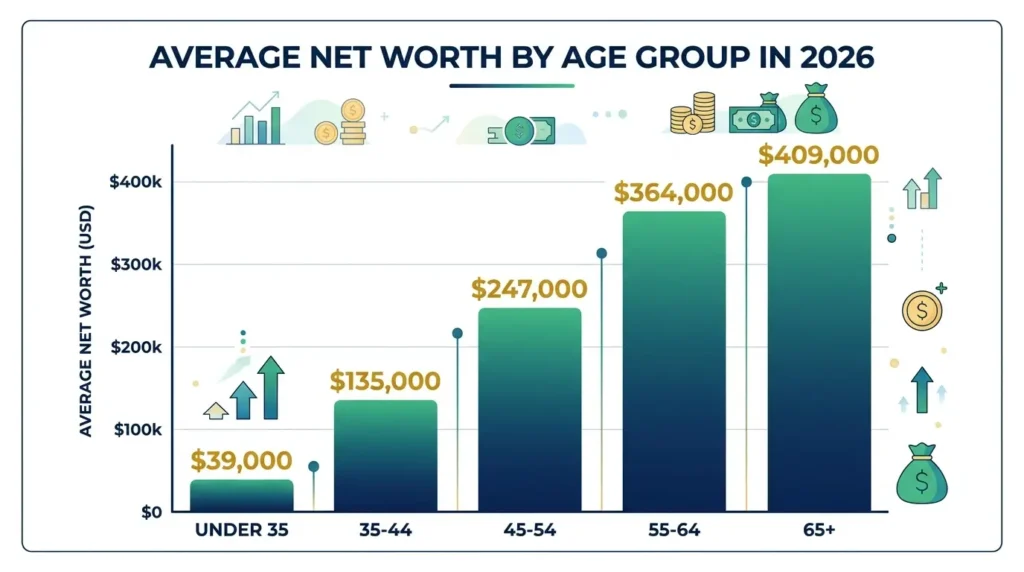 average net worth by age 2026 under 35 to 65 plus bar chart benchmark comparison