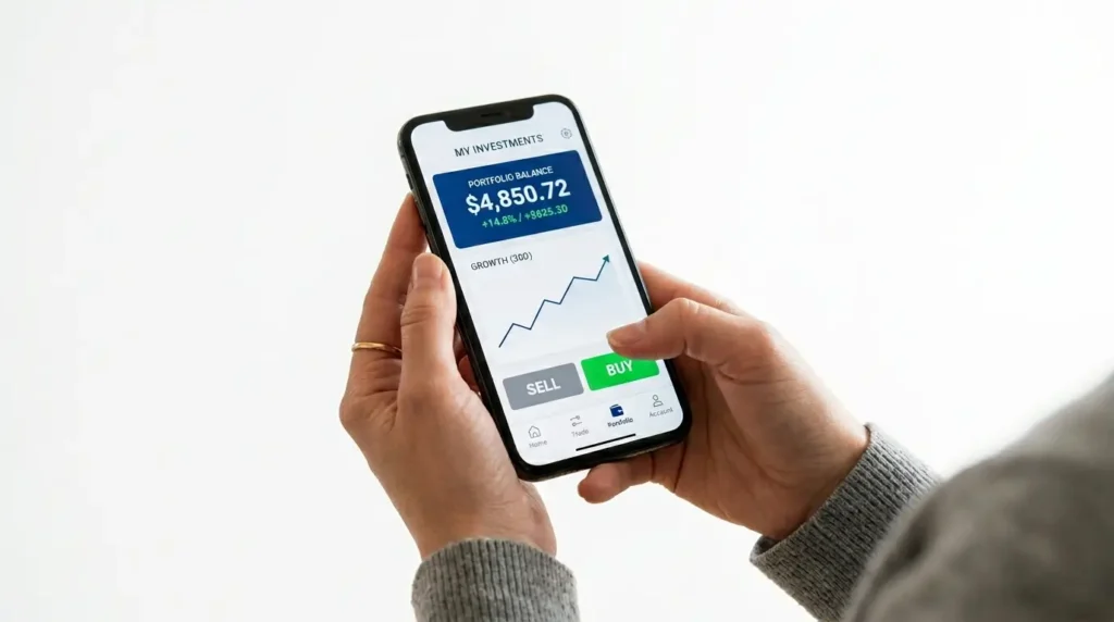 person using best investment app for beginners on smartphone buying first investment 2026
