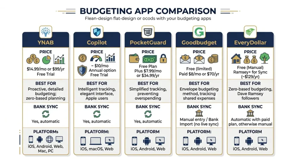 best budgeting apps 2026 comparison YNAB Copilot PocketGuard Goodbudget EveryDollar features price