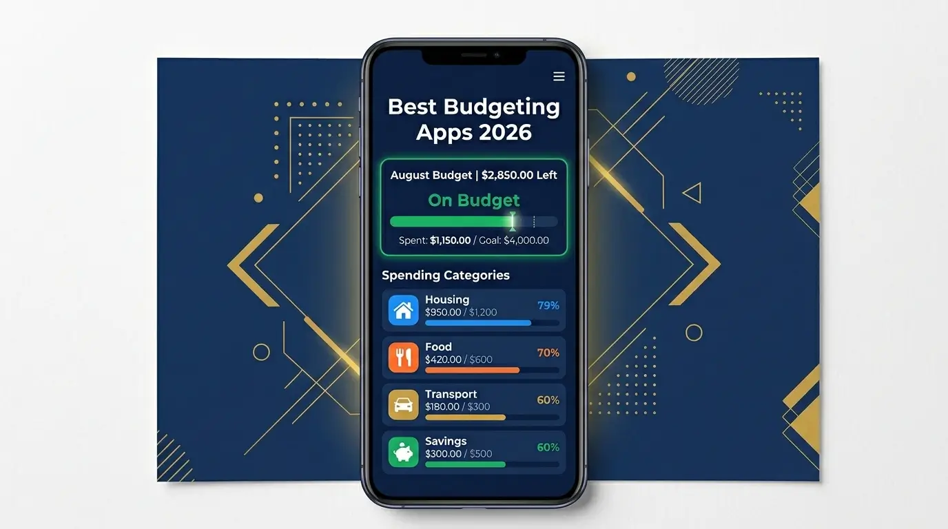 best budgeting apps 2026 smartphone dashboard spending categories green on budget illustration