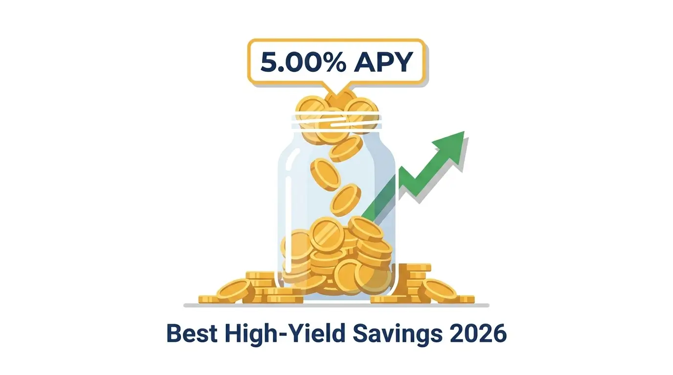 best high-yield savings accounts 2026 glass jar with coins and APY rate illustration