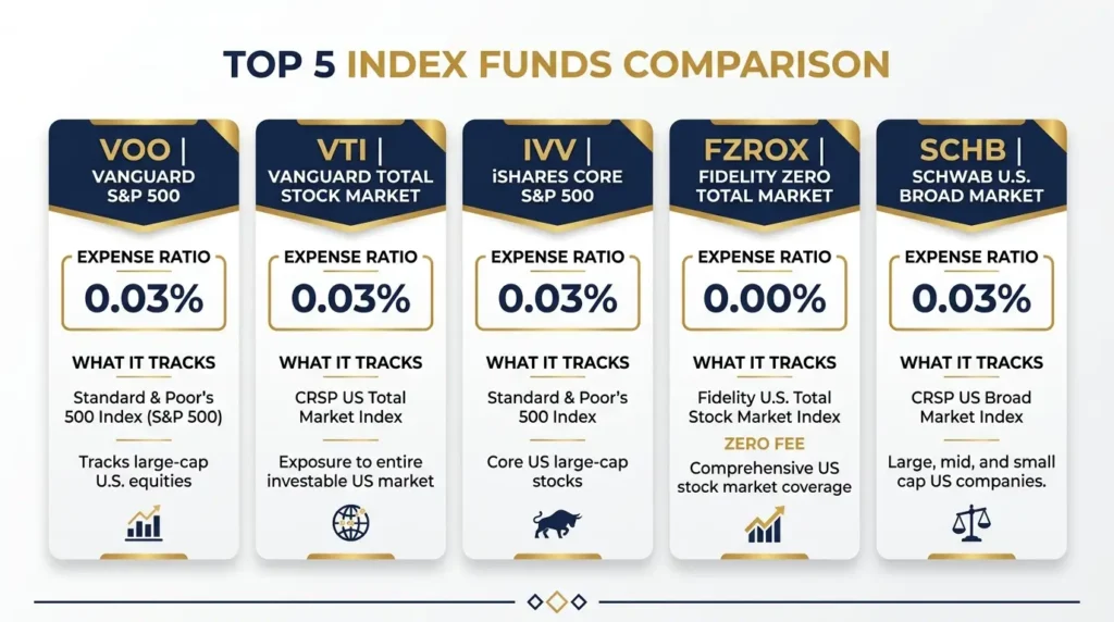 best index funds 2026 VOO VTI IVV FZROX SCHB expense ratio comparison beginners