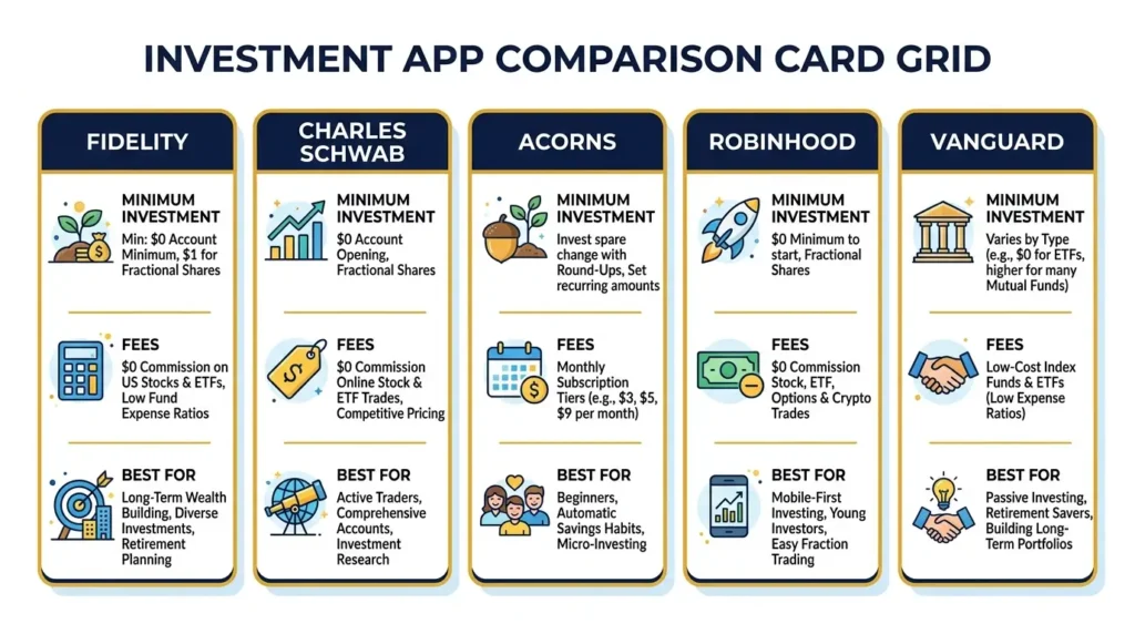 best investment apps for beginners comparison Fidelity Schwab Acorns Robinhood Vanguard 2026