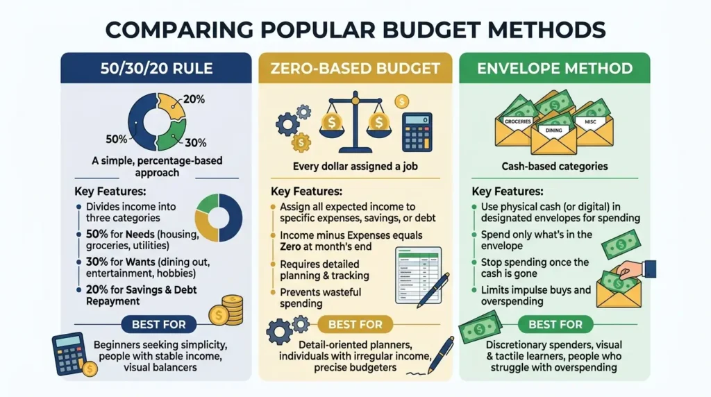 budget methods comparison 50/30/20 rule zero-based envelope method beginners infographic