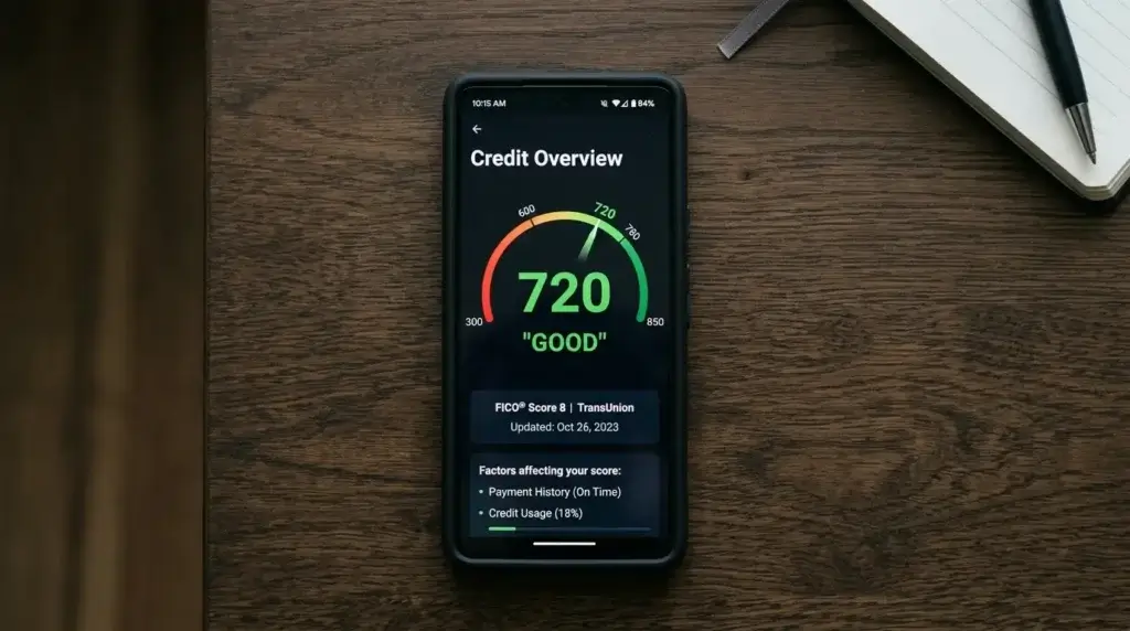 check credit score free on smartphone app showing 720 good