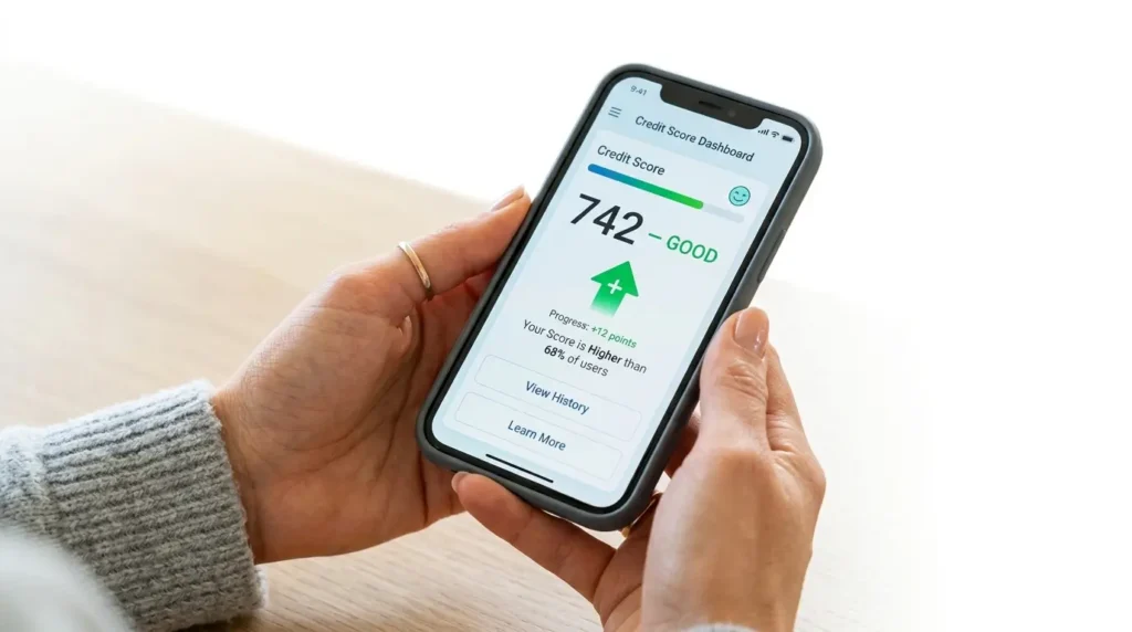 person checking credit score on smartphone app 742 good score improve credit 2026