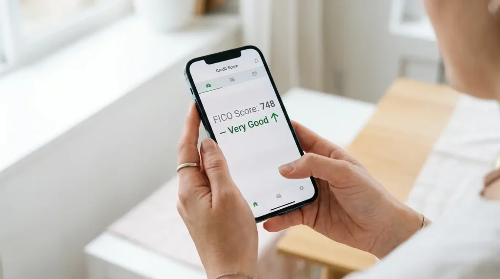person checking FICO score on smartphone app 748 very good credit score 2026 ·