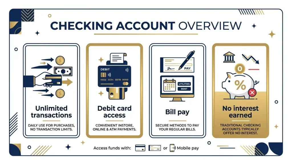 checking account features debit card bill pay unlimited transactions infographic