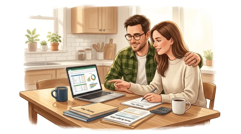 couple in their 30s building wealth together reviewing finances laptop home 2026 ·