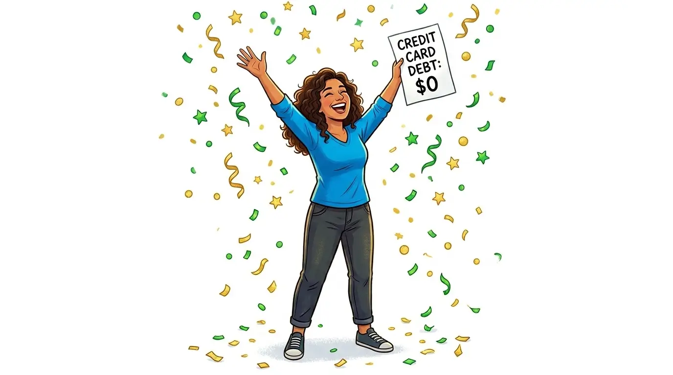 person celebrating debt free after paying off credit card debt zero balance success ·