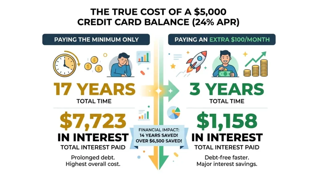 credit card debt interest cost $5000 balance minimum payment vs extra payment comparison infographic