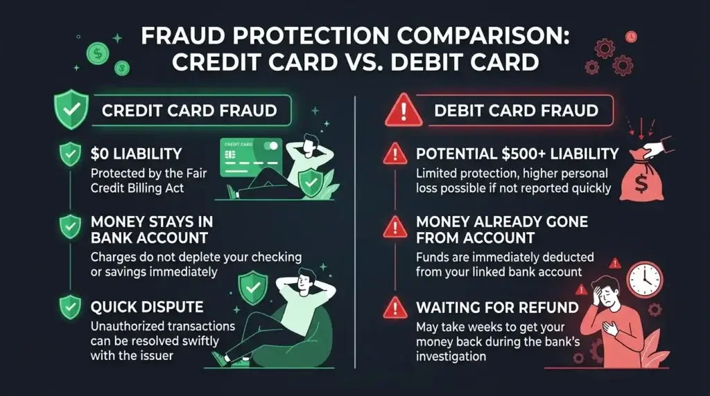 credit card fraud protection vs debit card liability zero liability comparison