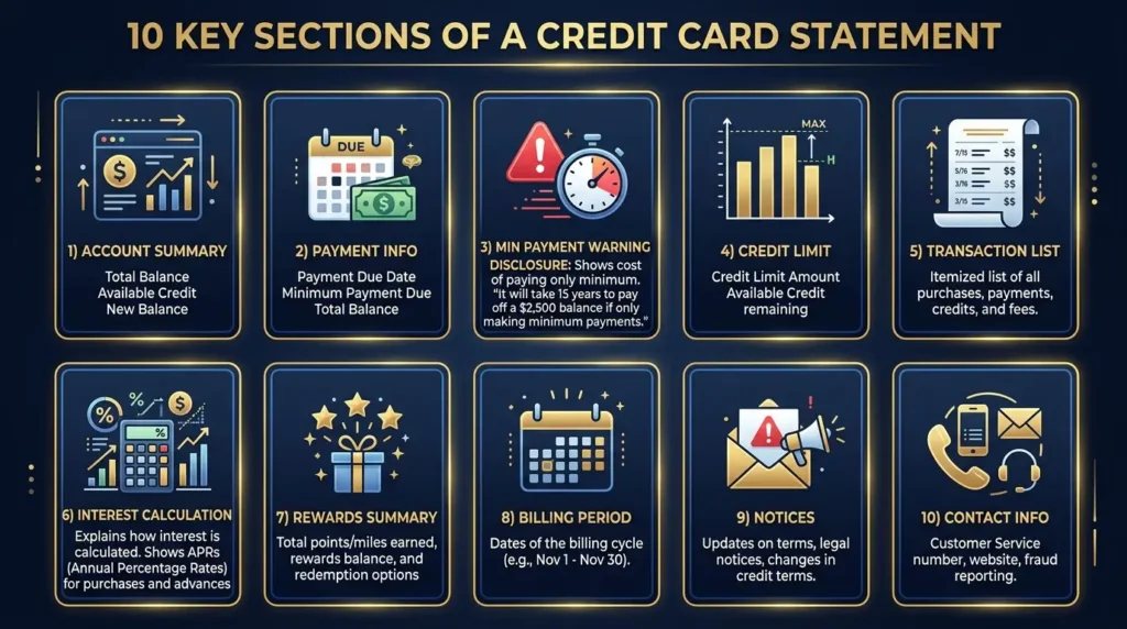 10 sections of a credit card statement guide account summary payment interest rewards