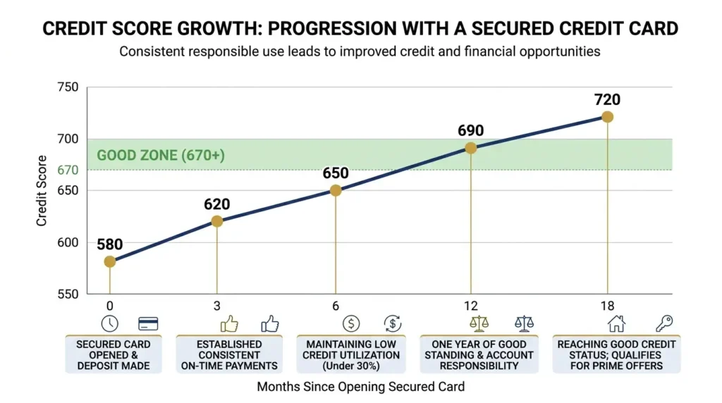 credit score growth timeline using secured credit card 580 to 720 over 18 months chart