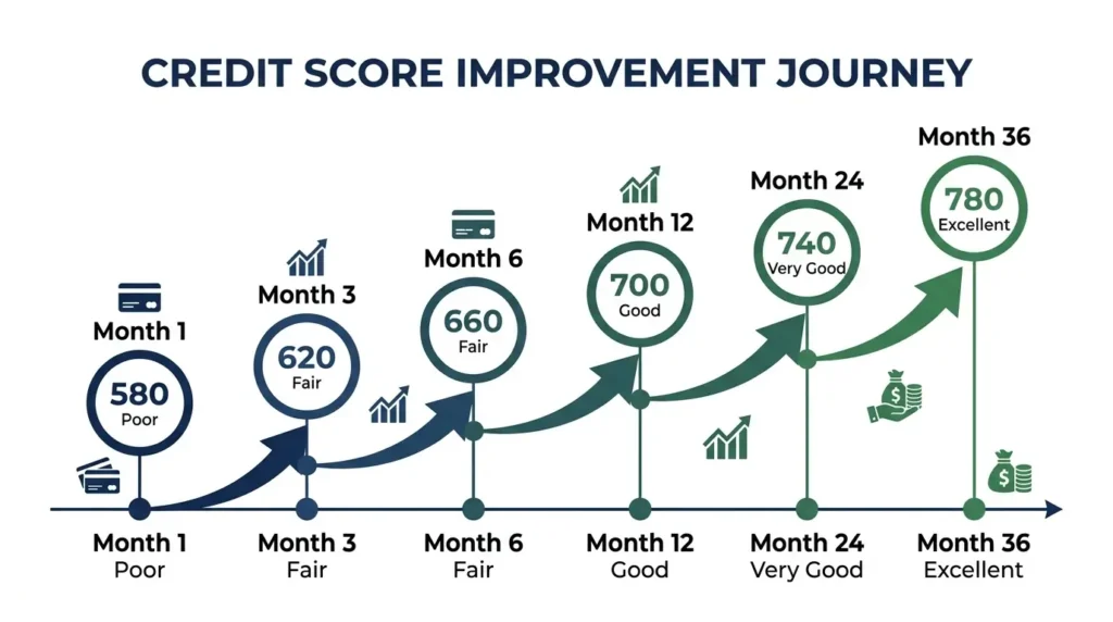 credit score improvement timeline from poor to excellent over 36 months step by step