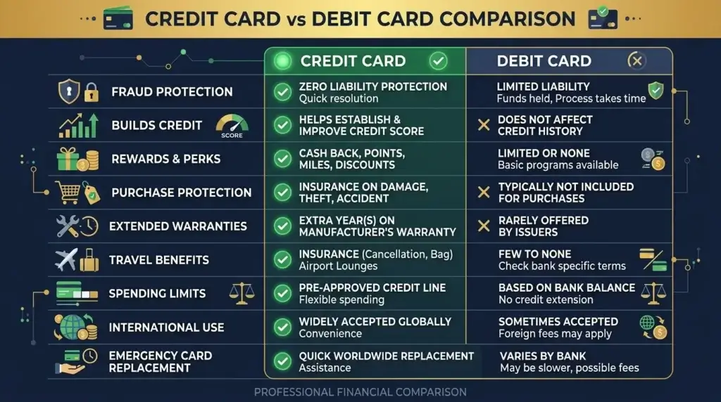 credit card vs debit card full comparison chart fraud protection rewards credit score