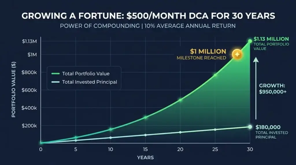 dollar cost averaging $500 month 30 years growth chart 1 million S&P 500 index fund