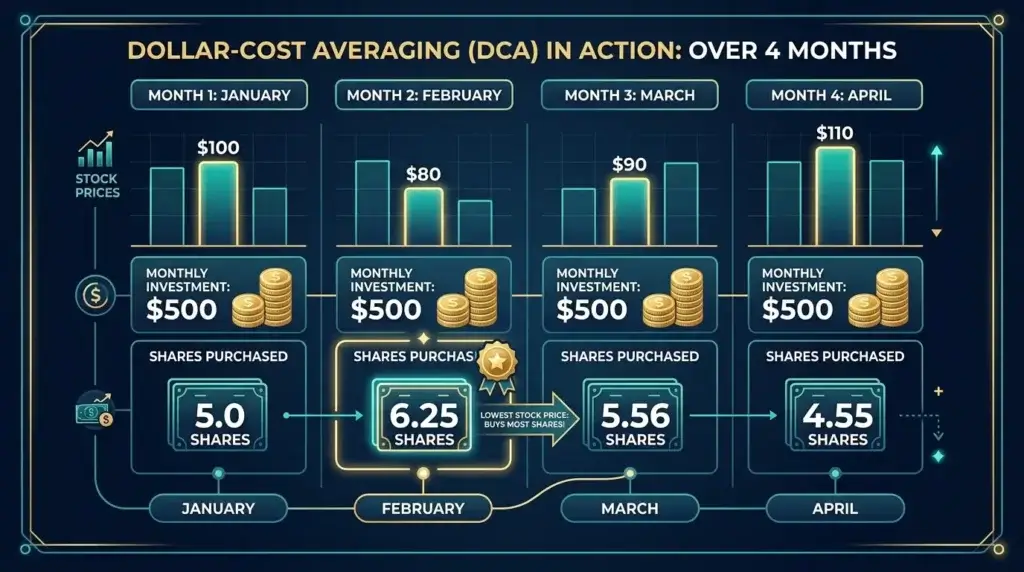 dollar cost averaging example chart buying more shares when price drops monthly investment