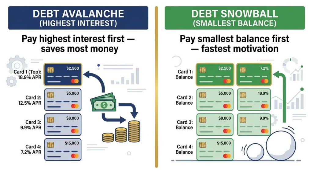 debt avalanche vs debt snowball method comparison credit card debt payoff strategy infographic