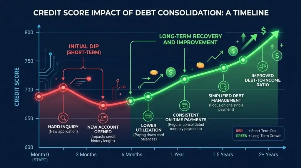 debt consolidation credit score impact short term dip long term improvement char