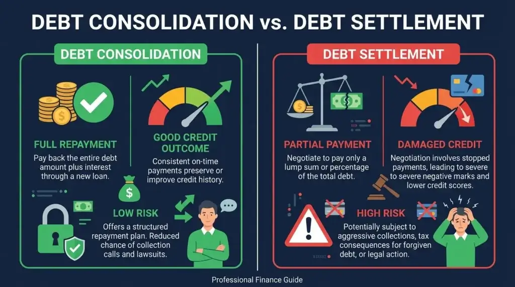 debt consolidation vs debt settlement comparison infographic pros cons credit score