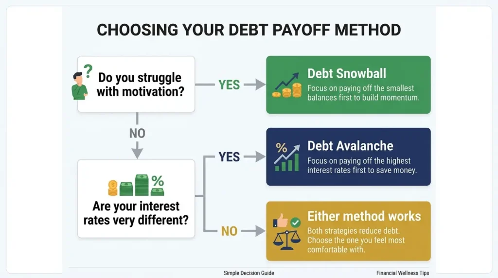 debt snowball vs debt avalanche which method should I choose decision flowchart infographic