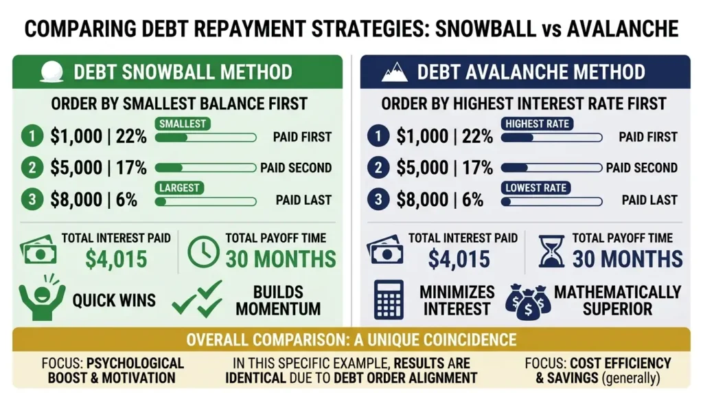debt snowball vs debt avalanche real example comparison total interest payoff time side by side