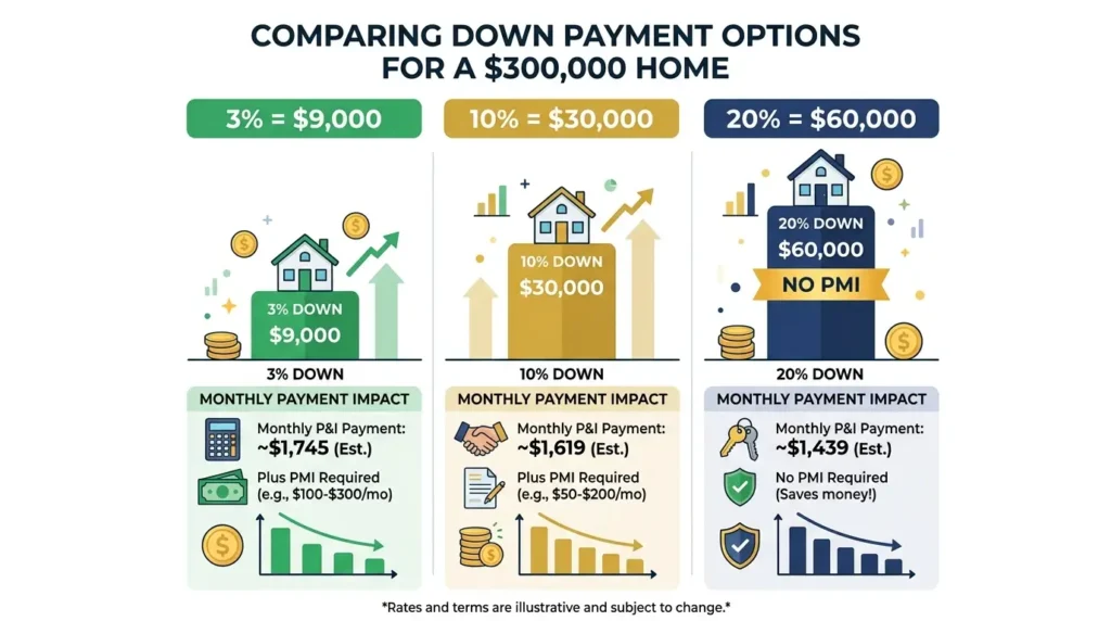 house down payment percentage comparison 3% 10% 20% on $300000 home infographic