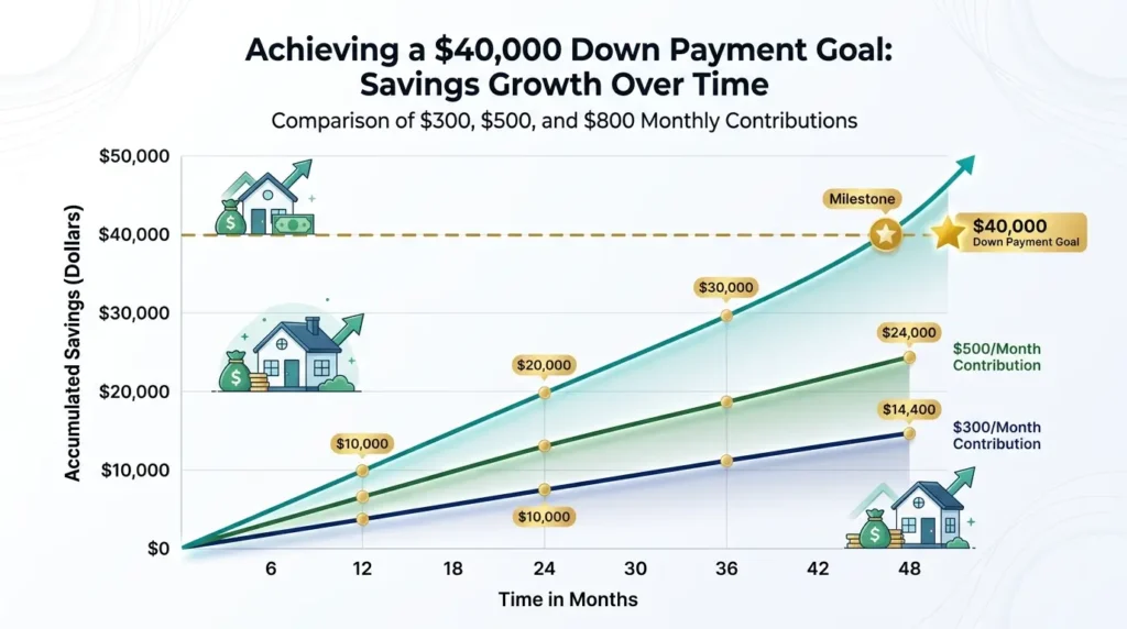 house down payment savings timeline chart monthly contributions 300 500 800 dollars reach goal