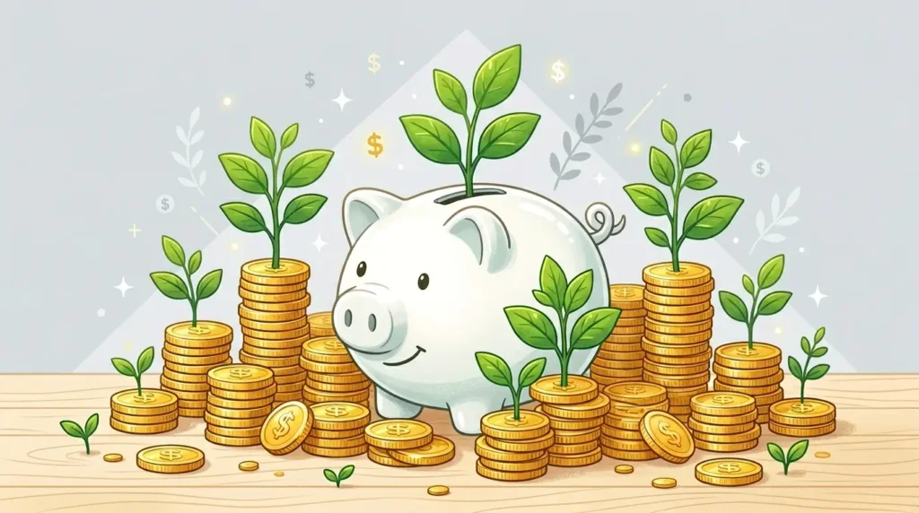 Piggy bank and coins representing emergency fund savings growth