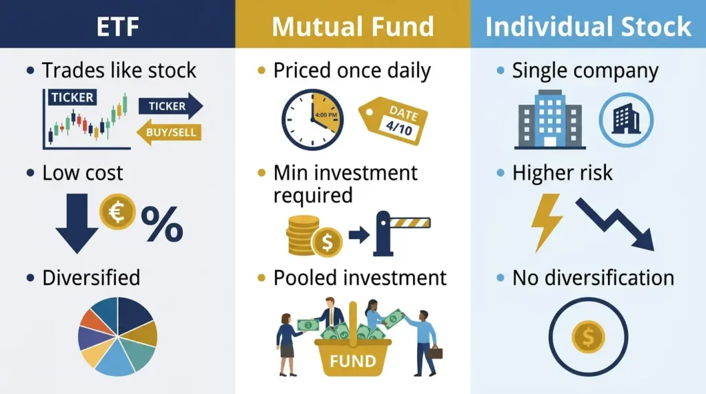 ETF vs mutual fund vs individual stock comparison beginners investing infographic 2026