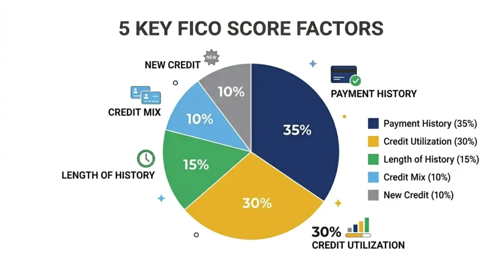 FICO score factors pie chart payment history 35% utilization 30% length 15% mix 10% new credit 10%
