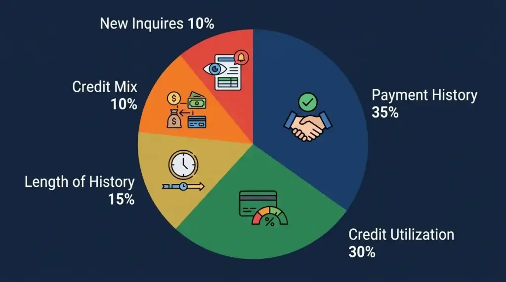 FICO credit score calculation factors pie chart payment history 35 percent