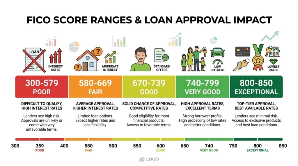 FICO score ranges 300 to 850 poor fair good very good exceptional color coded infographic