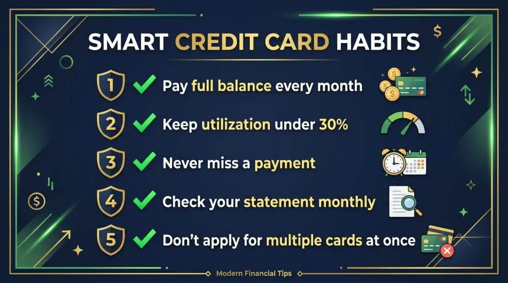 smart credit card habits for first time cardholders pay on time low utilization checklist