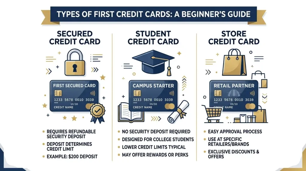 types of first credit cards for beginners secured student and store card comparison