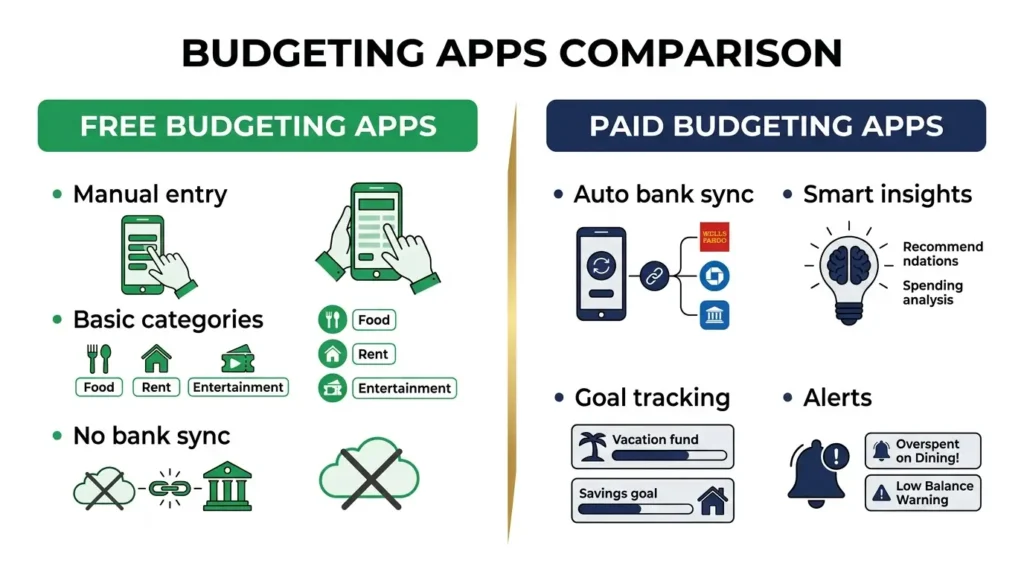free vs paid budgeting apps 2026 features comparison bank sync manual entry categories