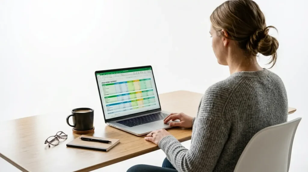 person reviewing monthly Google Sheets budget on laptop home office personal finance