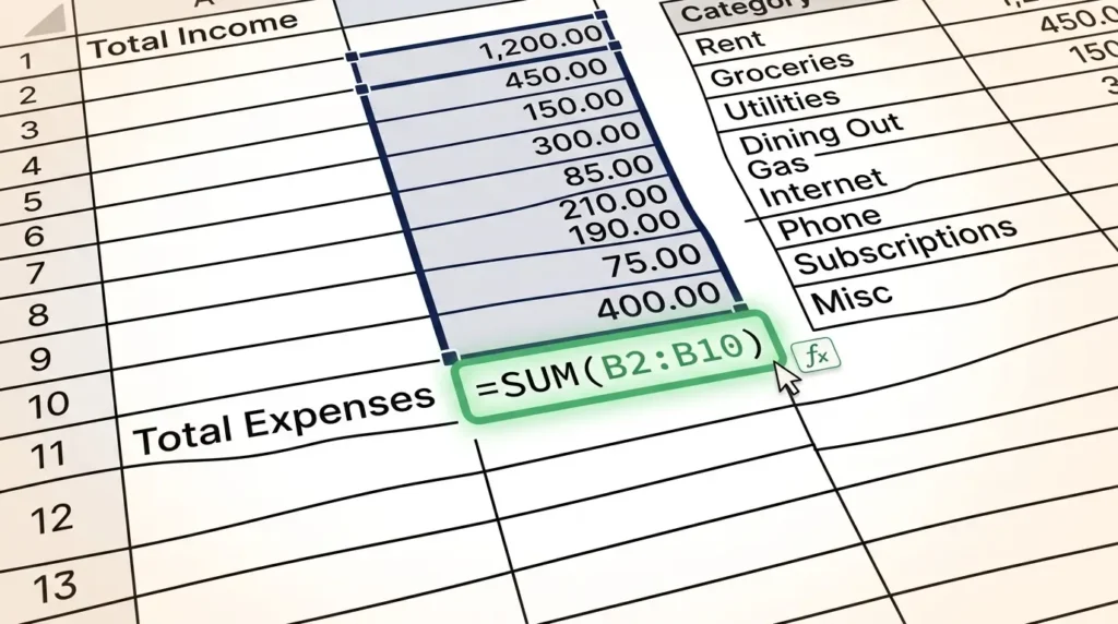 Google Sheets SUM formula for budget spreadsheet total income expenses calculation