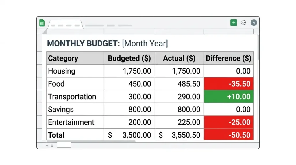 Google Sheets budget template with income expense categories and difference column